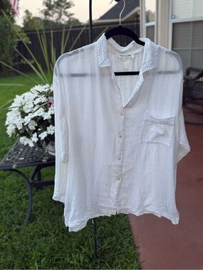 Christian Dior White Sheer Lace Trim Button Front Blouse Top Oversized Boho Chic